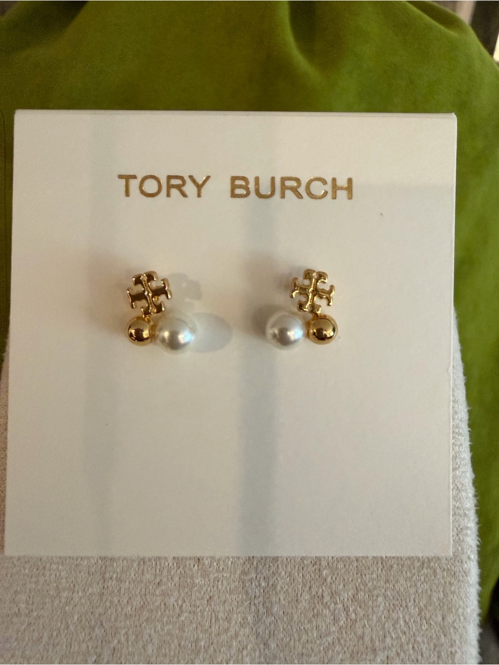 Tory Burch Gold and White Pearl Logo Stud Earrings